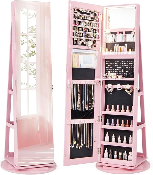 GOFLAME 360Â° Rotating Jewelry Cabinet with Full-Length Mirror, Freestanding Jewelry Armoire with 3-Color LED Light and Back Storage Shelf, Lockable Jewelry Organizer for Bedroom Cloakroom, Pink
