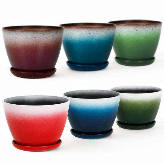 Worth Garden Plastic Round 8" Plant Pots - Set of 6 Multicolor Small Gloss Flower Pot Planters with Drainage Hole and Saucer - Home Decorative Christmas Containers"