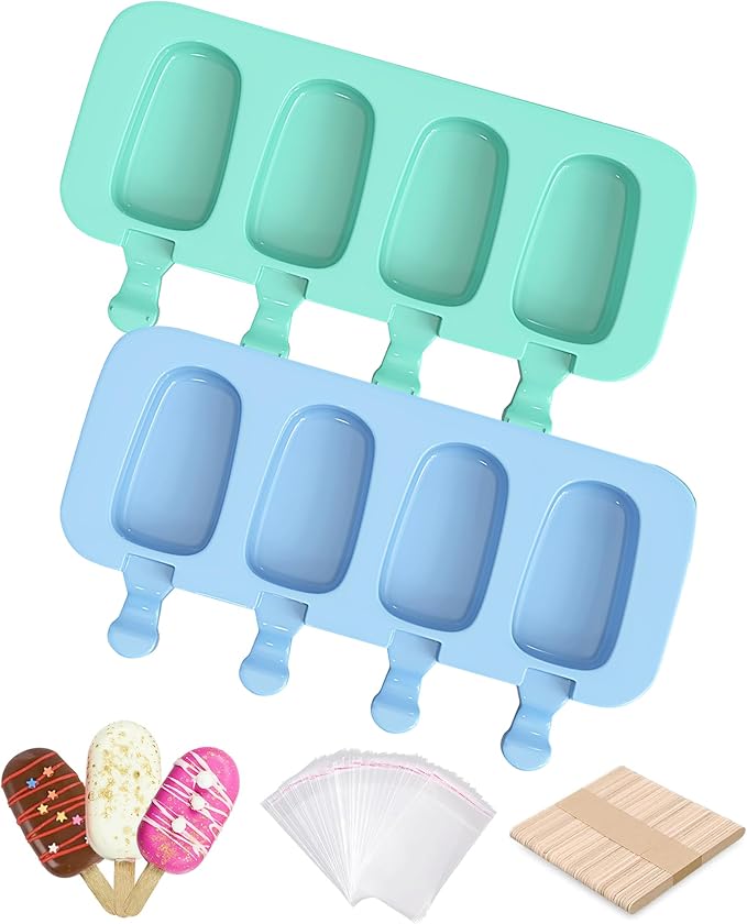 Ouddy Life Popsicle Molds Set of 2, Ice Pop Molds Silicone 4 Cavities Ice Cream Mold Oval Cake Pop Mold with 50 Wooden Sticks for DIY Popsicle, Green Blue