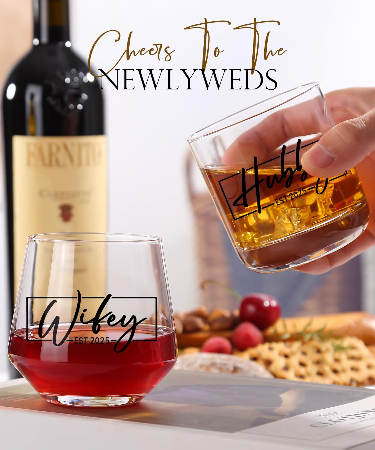 comfit Wedding Gifts for Couples,Hubby & Wifey EST 2025 Wedding Glass Set,Bridal Shower Gifts for Bride and Groom, Newly-Married Anniversary for Him/Her，Mr and Mrs Gift