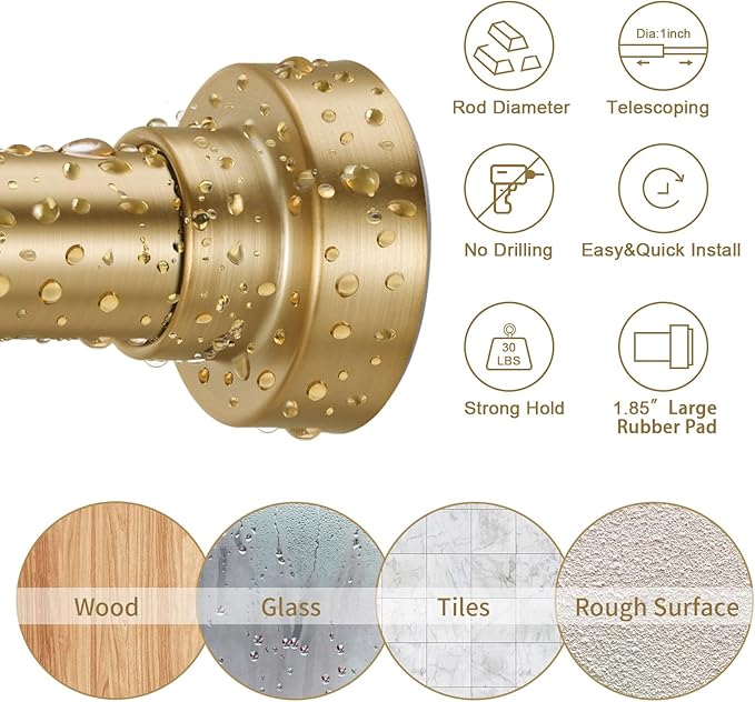 YNL Tension Shower Curtain Rod 34-66 Inch, Adjustable Spring Tension Curtain Rod No Drilling, Non-Slip, Never Rust, Stainless Steel, for Small Window Laundry Door Entryway, Gold