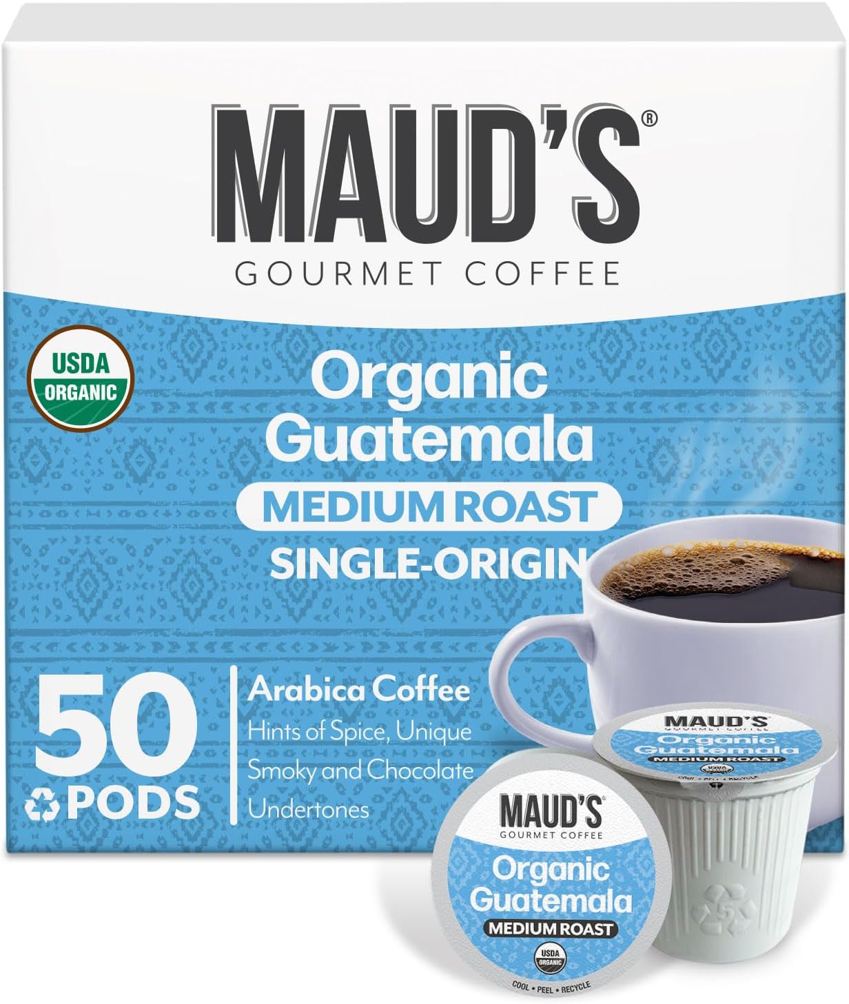 Maud's Organic Guatemalan Coffee Pods, 50 ct, Single Origin Guatemalan Medium Roast Coffee in Single Serve Pods – 100% Arabica Beans, Compatible with Keurig K Cups Maker