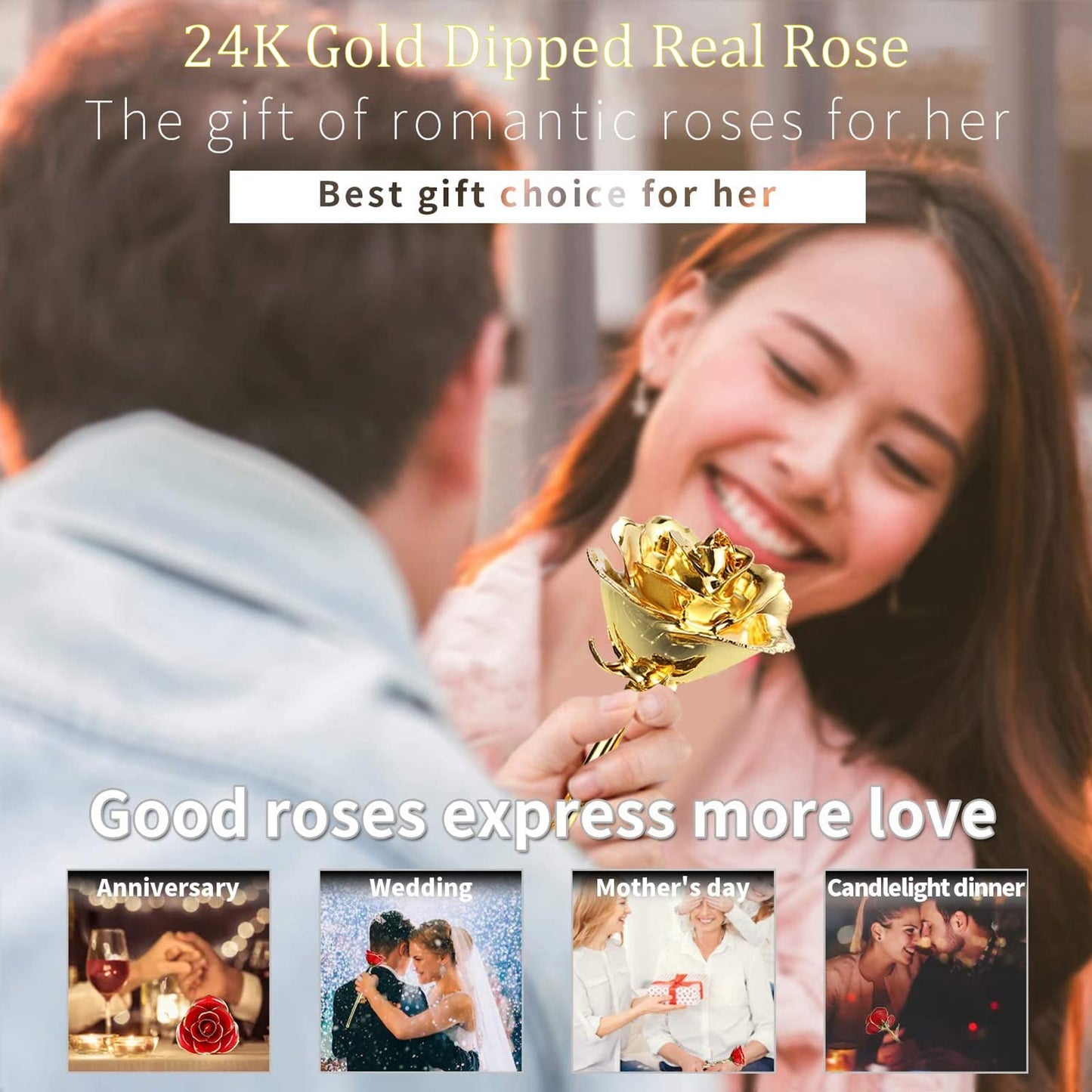 MAXSPT 24K Golden Rose, Gold Dipped Rose Made from Real Rose Best Gifts for her and Great Gifts for My Wife, Golden with Stand