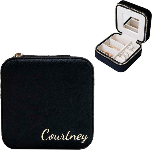 Customizable Compact Velvet Jewelry Box with Mirror, Travel Jewelry Case, Travel Jewelry Organizer, Jewelry Box for Women and Girls, Small Jewelry Organizer (Bottom Right Text, Black)