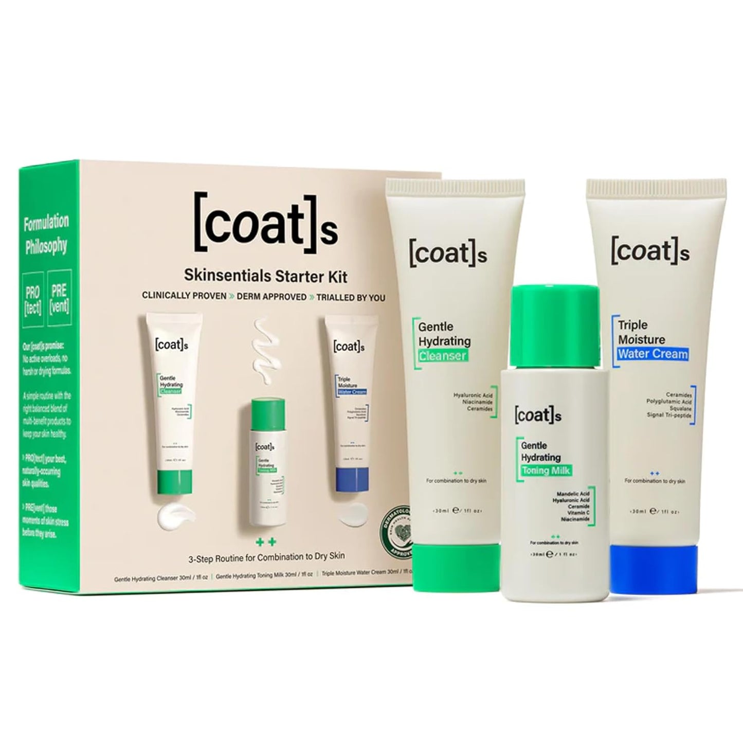 Coats Skinsentials Starter Bundle â Travel-Size Cleanser 1 oz, Toner 1 oz & Moisturizer 1 oz â 3-Step Regimen Prevents Breakouts and Protects Skin Barrier with Ceramides, For Women and Men