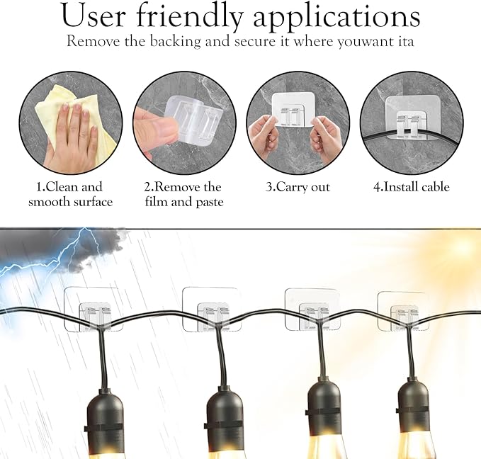 Hooks for Outdoor String Lights Clips: Heavy Duty Cable Clips with Waterproof Adhesive Strips for Hanging Christmas Light - Outside UV-Resistant Clear Sticky Cord Holders Rope Organizer (180)