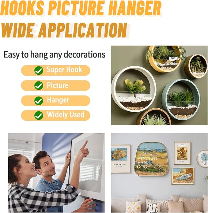 FURHUA 20pcs Aeneous Super Hook Picture Hangers and Office Pack, Drywall Hooks for Hanging Pictures, Wall Hooks, Picture Hangers, Picture Hanging Kit，Hang Art, Clock, Shelves, Mirrors