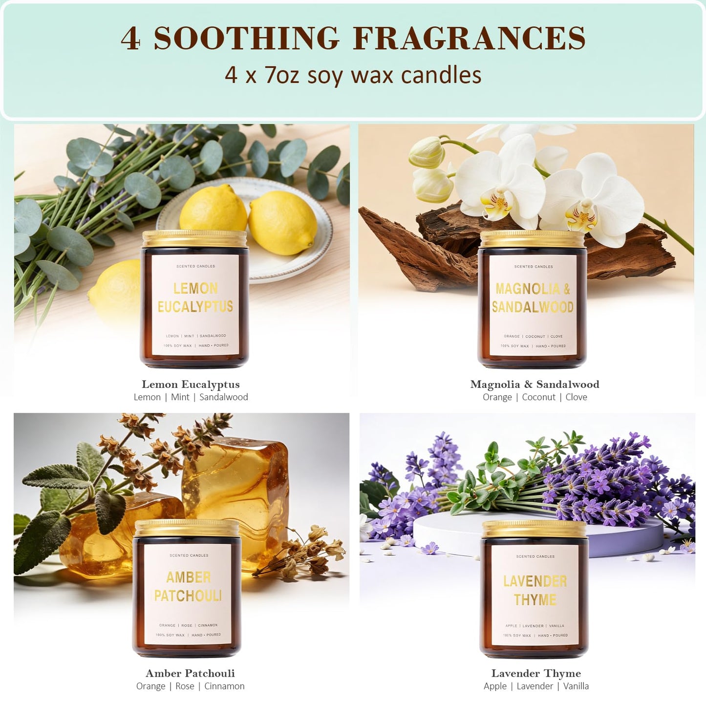 Candles for Home Scented, 4 Pack Soy Candle Non Toxic, Spring Scented Candles with Lavender Thyme, Magnolia & Sandalwood, Amber Patchouli, Lemon Eucalyptus - Candle Gifts Set for Women & Mothers Day