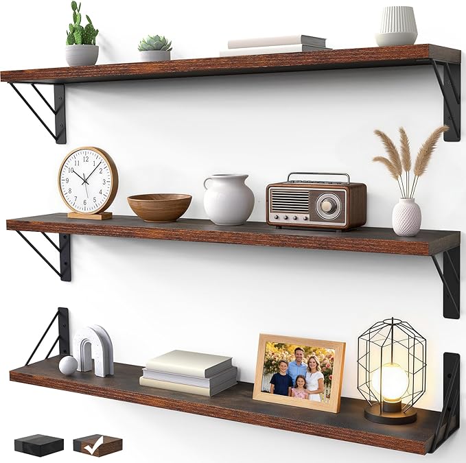 BAYKA Wall Shelves for Bedroom Decor, Floating Shelves for Wall, Display Mounted Rustic Wood Shelf for Books,Plants,Corner Shelves for Bathroom,Kitchen,Living Room(Rustic Brownï¼36inï¼Set of 3)