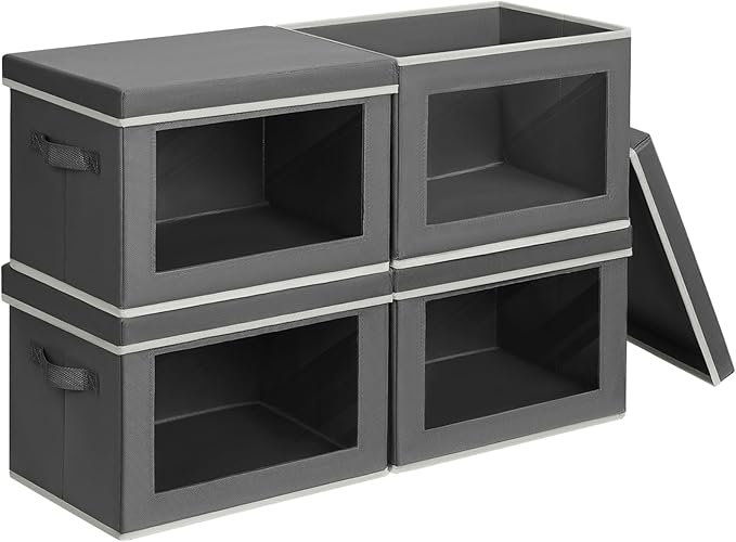 Stackable Storage Bins with Lids - Large Storage Box with Lids, Foldable Closet Boxes for Organizing, Wardrobe Clothes Organizer with Window, Cubes Bins for Living Room, 4 Pack, Dark Grey