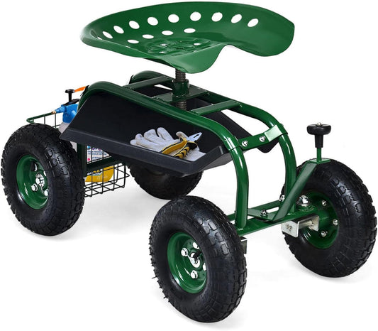 IRONMAX Garden Work Seat with Wheels, Rolling Heavy Duty Gardening Stool with Height Adjustable Seat, Steering Rod, Storage Tray & Basket, Outdoor Garden Yard Lawn Cart with Seat