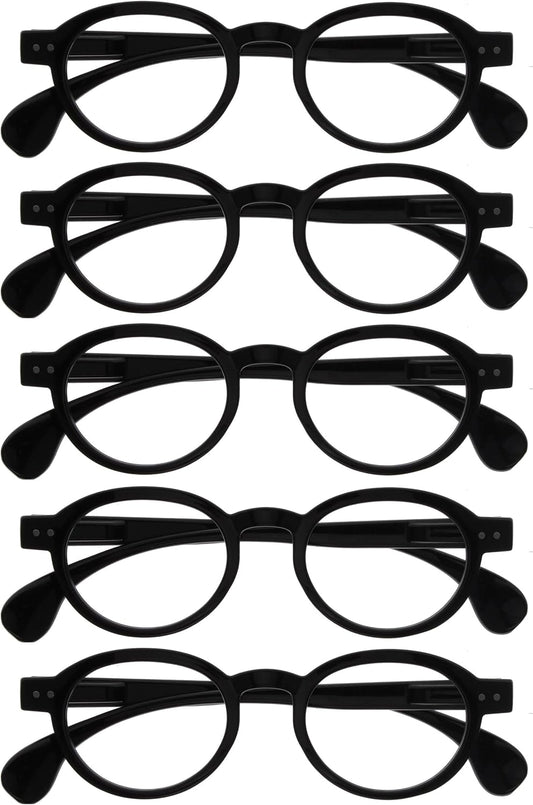 OPULIZE OCA Reading glasses for Women Men,Scratch Resistant Modern Retro Round frame with Spring Hinges, Shiny Black +2.5 (Pack of 5)