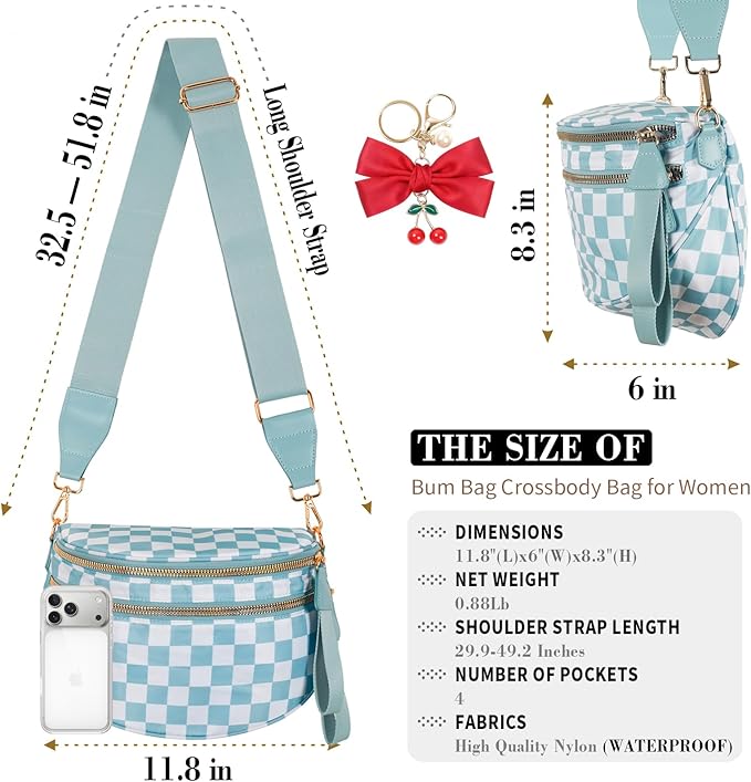 Checkered Crossbody Bag for Women, Spacious Sling & Stylish Bum Bag for Travel, Concerts, Festival, Nylon Fanny Pack Belt Bag (Colour Bum Bag-Ice Blue Checkered)