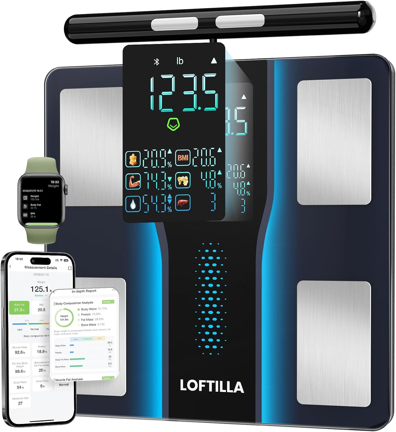 Smart Scale for Body Weight, 8-Electrode Bluetooth Bathroom Scale with BMI Body Fat Muscle Mass, 50+ Full Body Composition Metrics, High Accurate Scales with 5.4" Large LED Display Black