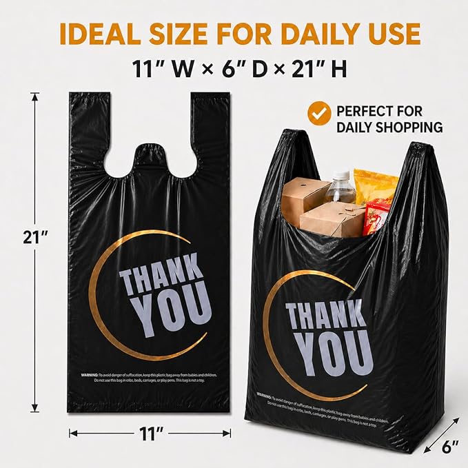 YoYoRain Black Thank you T shirt bag, Grocery shopping bag Reusable and Disposable Supermarket Bag 11''x6''x21'' 300PCS