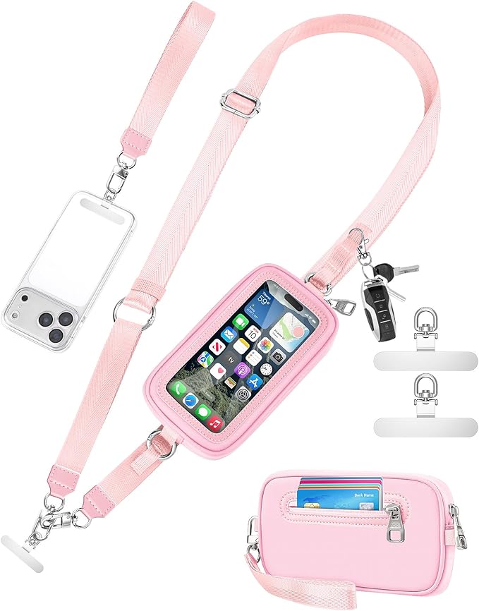SHANSHUI Clip and Go Phone Lanyard Wallet, Hands Free Crossbody Strap with Zipper Pocket & ID Window, Includes 2 Metal Tether Pads for Phones, Keys, Earphones, Accessories Pink