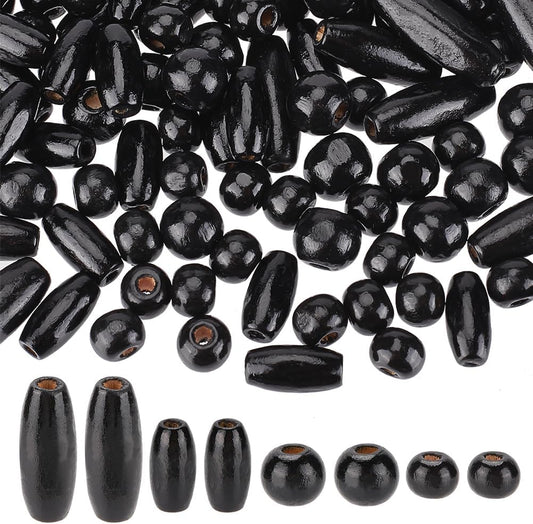 PH PandaHall 480pcs Black Wooden Beads, 4 Styles Natural Wood Beads Dyed Wooden Spacer Beads Round/Oval Loose Beads Tube Beads for Jewelry Making Hair Handmade DIY Craft Farmhouse Decor