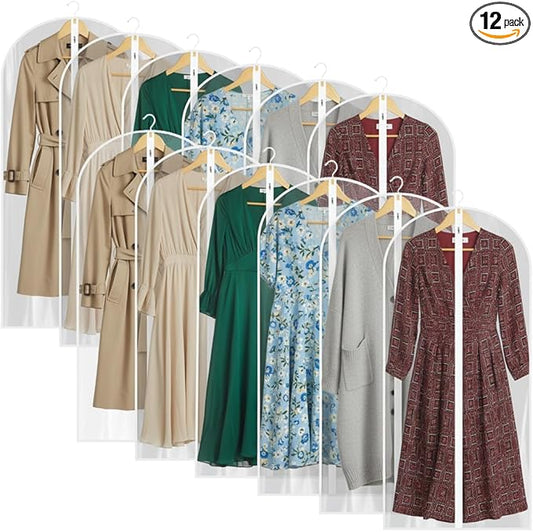 All Clear Garment Bags for Travel - 48â PEVA Waterproof Suit Cover with Zipper for Hanging Clothes, long dress - Durable Dresser for Closet Storage, Dustproof & Moisture Resistant - 48â/12 Pack