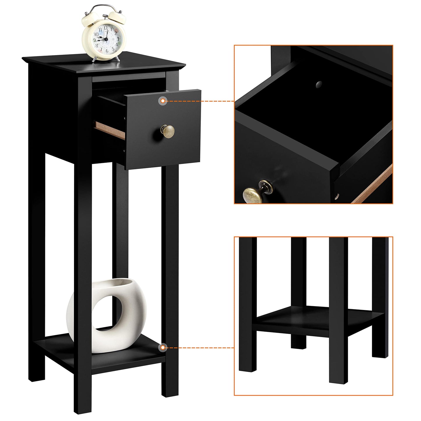 Yaheetech Black Slim Bedside Table Set of 2, Narrow Wooden Nightstand with Drawer & Shelf, Tall Telephone Table Hallway Side Table, 25x25x70cm