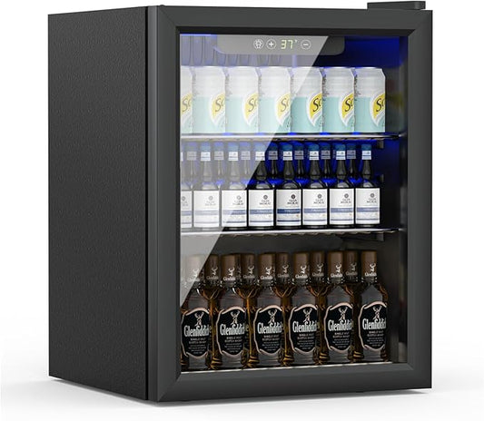 Compact Beverage Refrigerator,70 Can/1.6 Cubic Feet Fridge with Glass Front Door for Soda, Beer or Wine, Under Counter Small Refrigerator with Adjustable Shelve & Digital Display