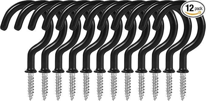 2 Inch Ceiling Hooks, Vinyl Coated Screw-in Cup Hook for Hanging Plants, Lights, Mugs - Heavy Duty Indoor Outdoor Use, Metal Wall Kitchen Hanger, Black (12 Pack)