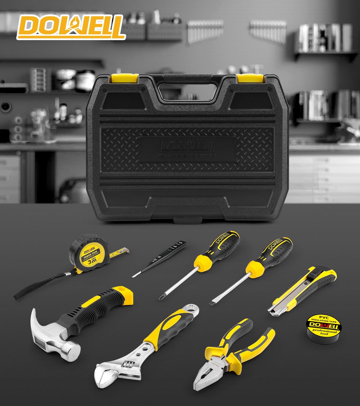 DOWELL 10 Piece Small Tool Kit,Mini Portable Tool Set,Home Repair Hand Tool Kit with Plastic Tool box Storage Case