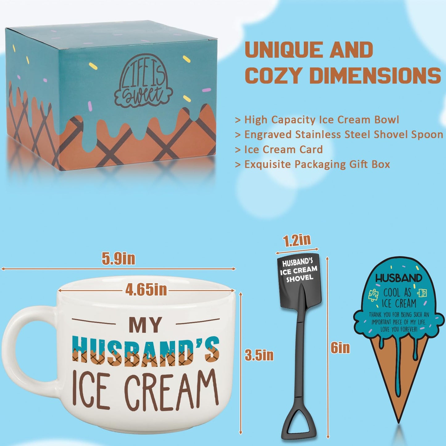 BackURyear Husband Birthday Gifts from Wife, Fathers Day Husband Gifts, Romantic Gift for Anniversary, Novelty Ice Cream Ceramic Bowl with Shovel Spoon Set