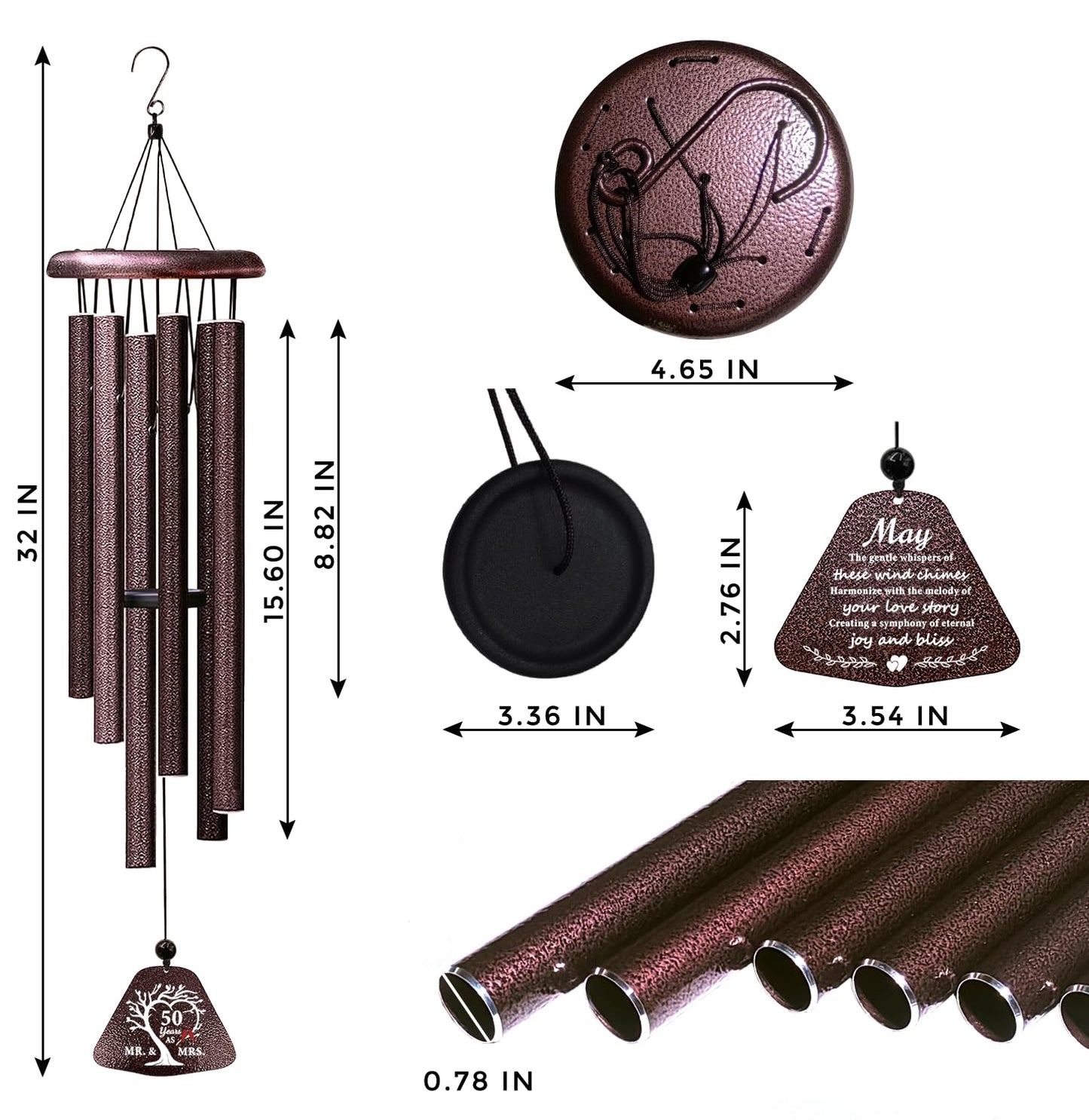 ZANIION 50th Anniversary Wedding Gifts Wind Chime 32", Happy 50 Years of Marriage Gifts Idea, 50th Anniversary Decorations for Couples, Parents, Husband, Wife, Romantic Gift for Her/Him Wine Bell 32"
