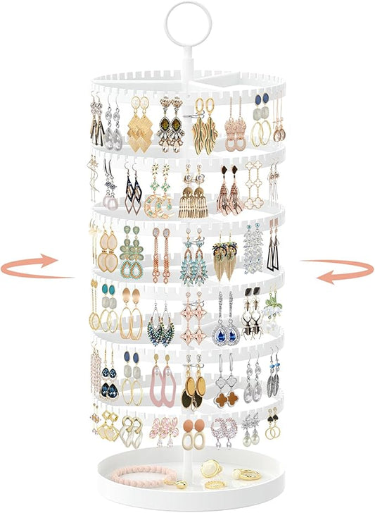 iDavosic.ly 6 Tier Rotating Earring Holder Organizer with Metal Tray, Adjustable Plastic Dangle Display Stands Tree with 342 Grooves, Large Hoop Storage Rack Tower, White