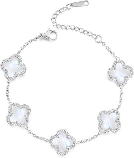 SHINYY Four Leaf Clover Bracelet for Women | 18K Gold Plated Cubic Zirconia Link Bracelet | 4 Leaf Lucky Jewelry Gift for Her