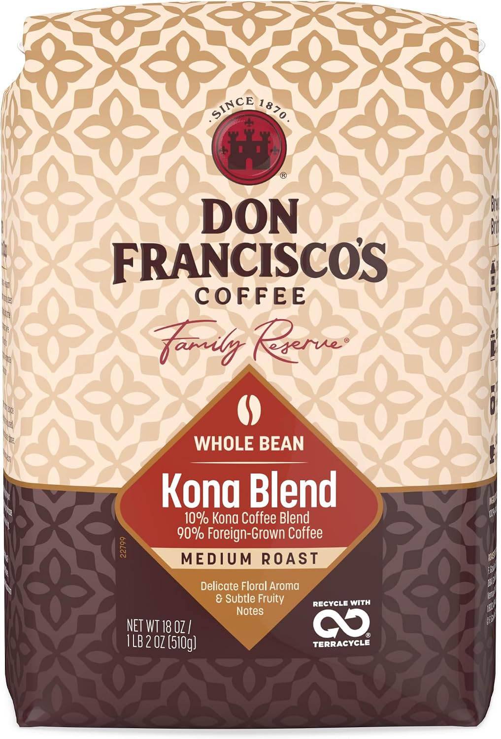 Don Francisco's Kona Blend Whole Bean Coffee, Medium Roast – 100% Arabica Coffee, 18 oz Bag