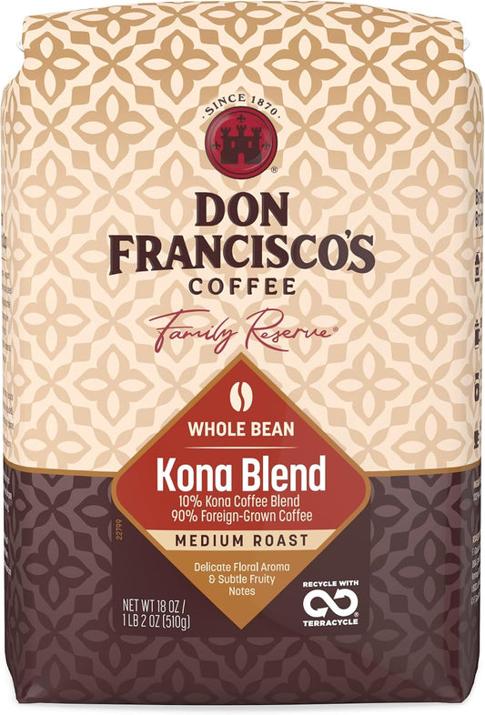 Don Francisco's Kona Blend Whole Bean Coffee, Medium Roast – 100% Arabica Coffee, 18 oz Bag