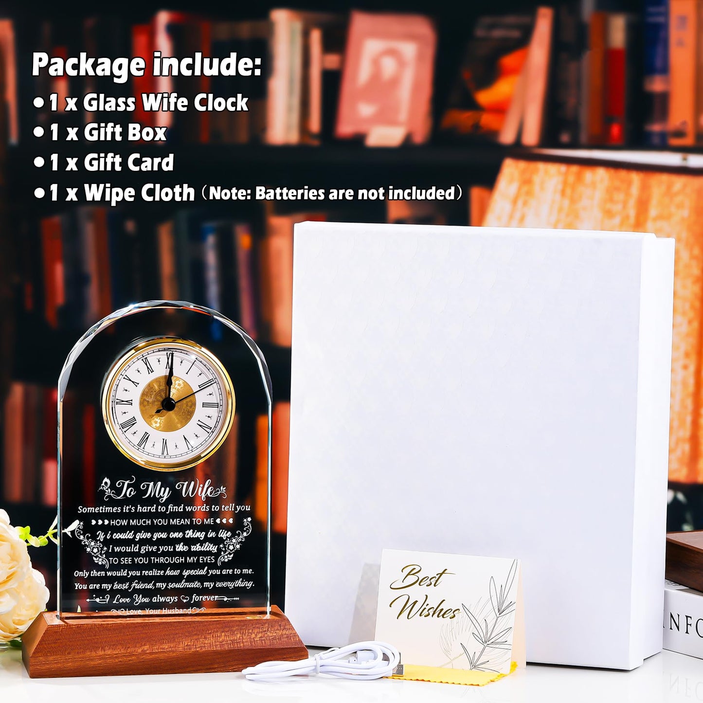 Arikyrist Glass Clock Gifts for Wife from Husband with Wooden Light Base, Personalized Gift for Wife Who Has Everything on Birthday Valentine's Day, Presents for Her on Christmas Home Desk Clock