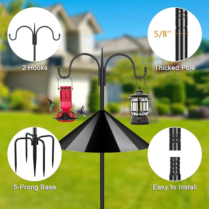 FEED GARDEN Heavy Duty Shepherds Hook Squirrel-Proof Bird Feeder Pole 92" Double Hooks 5-Prong Base & 19" Baffle for Outdoor Feeders & Plants