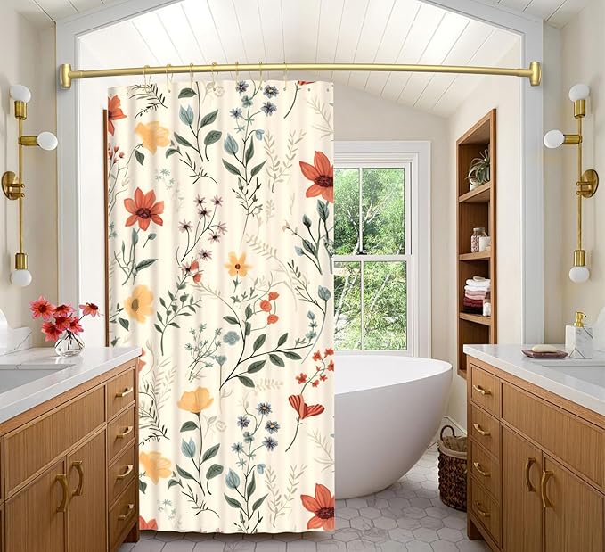 Curved Shower Curtain Rod for Bathroom, 40-72 Inches Adjustable Curved Shower Rod, 0.9MM Aluminum Rustproof Shower Curtain Rod with Rotating Brackets for Extra Shower Space, Need to Drill, Gold