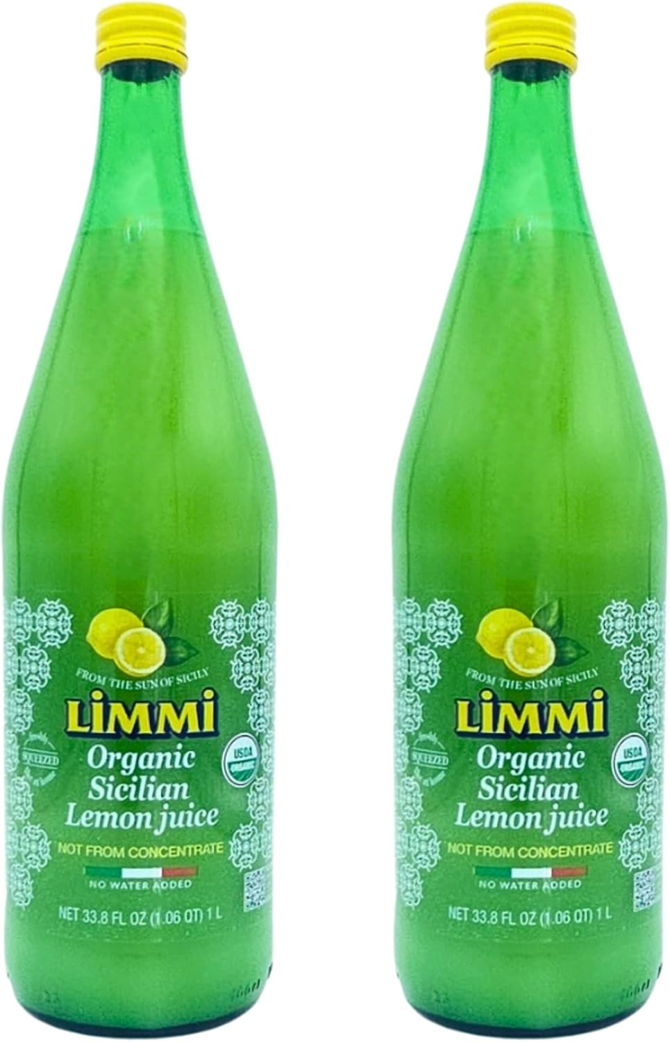 Limmi Organic Sicilian Lemon Juice, 33.8 fl oz (1L) Glass Bottle | 100% Freshly Squeezed, Not from Concentrate | No Added Water, Authentic Italian Lemon Juice [Pack of 2]