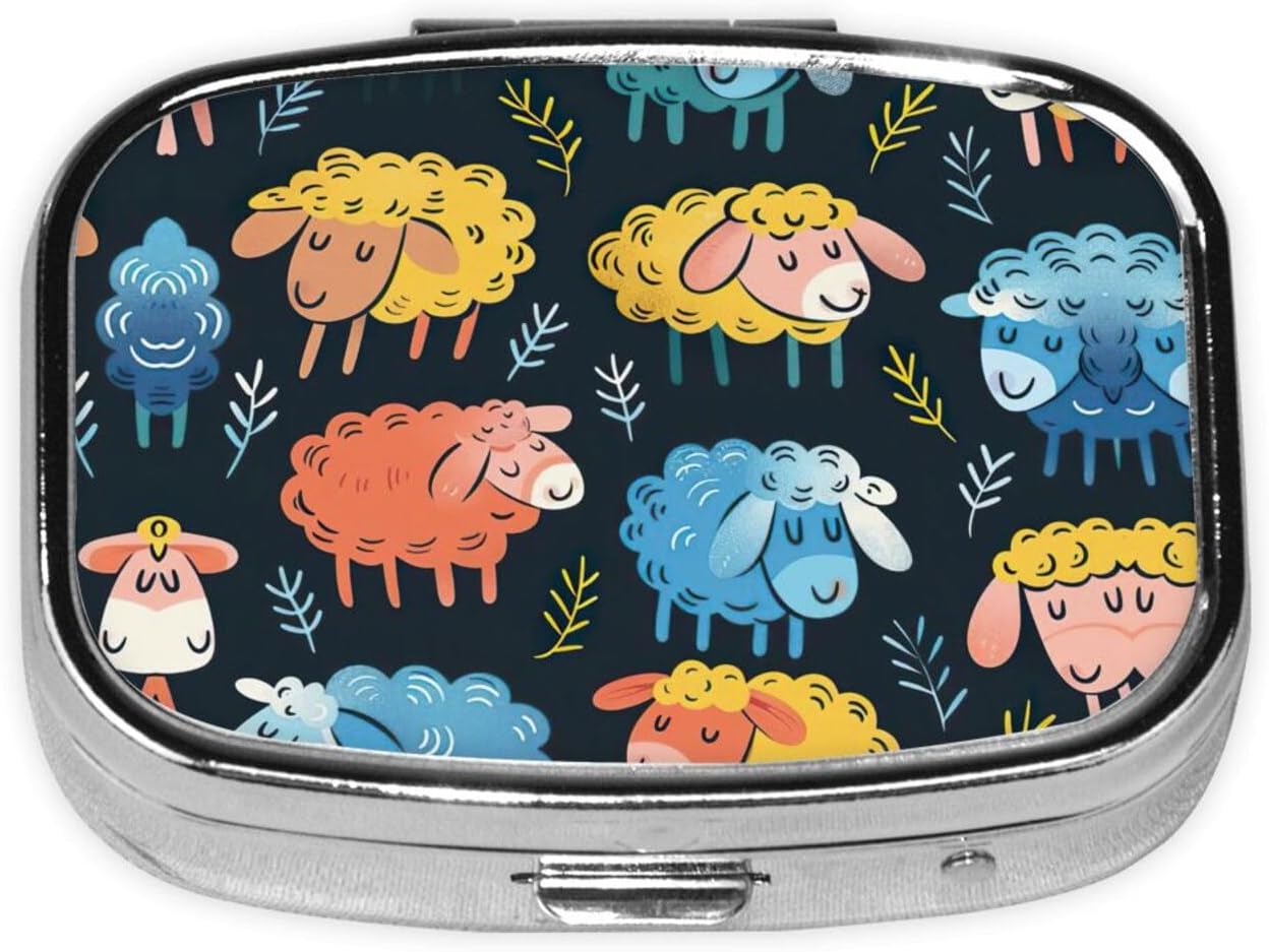 Cute Colorful Sheep Cartoon Pattern Print Square Metal Pill Box Decorative Pill Case - Carry Your Meds in Style (Rectangular)