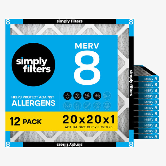 Simply 20x20x1 Air Filter, Merv 8, MPR 600, 12 Pack, Furnace Air Filter for HVAC (Actual Size: 19.75"x19.75"x0.75") DUST, Pet, & Allergy Control