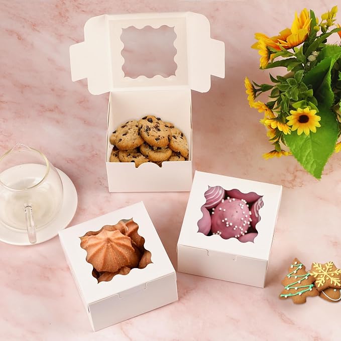 WINKIO 48pcs White Cookie Boxes, 4x4x2.5 Inches Bakery Boxes with Window, for Mini Cake Treat Dessert Pastry Donuts Macaroon Strawberries Chocolate Candy (with Stickers)