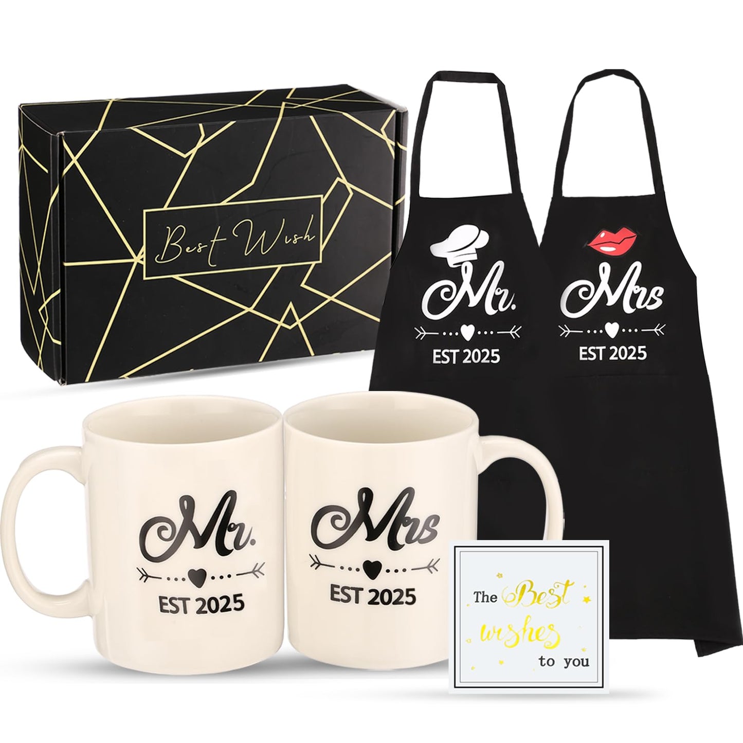 DDOFAH Mr and Mrs Est 2025 Mug and Apron Set, Bridal Shower Gifts, Wedding Engagement Gifts for Couples, for Couple, His and Her Gifts, Funny Kitchen Gifts for Couples