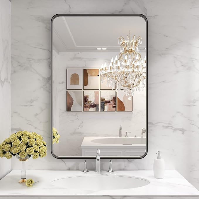 LOAAO 28X36 Inch Black Metal Framed Bathroom Mirror for Wall, Matte Black Bathroom Vanity Mirror Farmhouse, Anti-Rust, Hangs Horizontally or Vertically