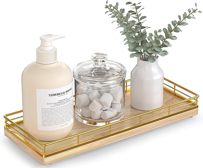 Bathroom Tray for Counter Top Organizer â Oak Wood Vanity Tray with Metal Frame for Dresser, Kitchen, Nightstand â Gold & Oak Decorative Storage