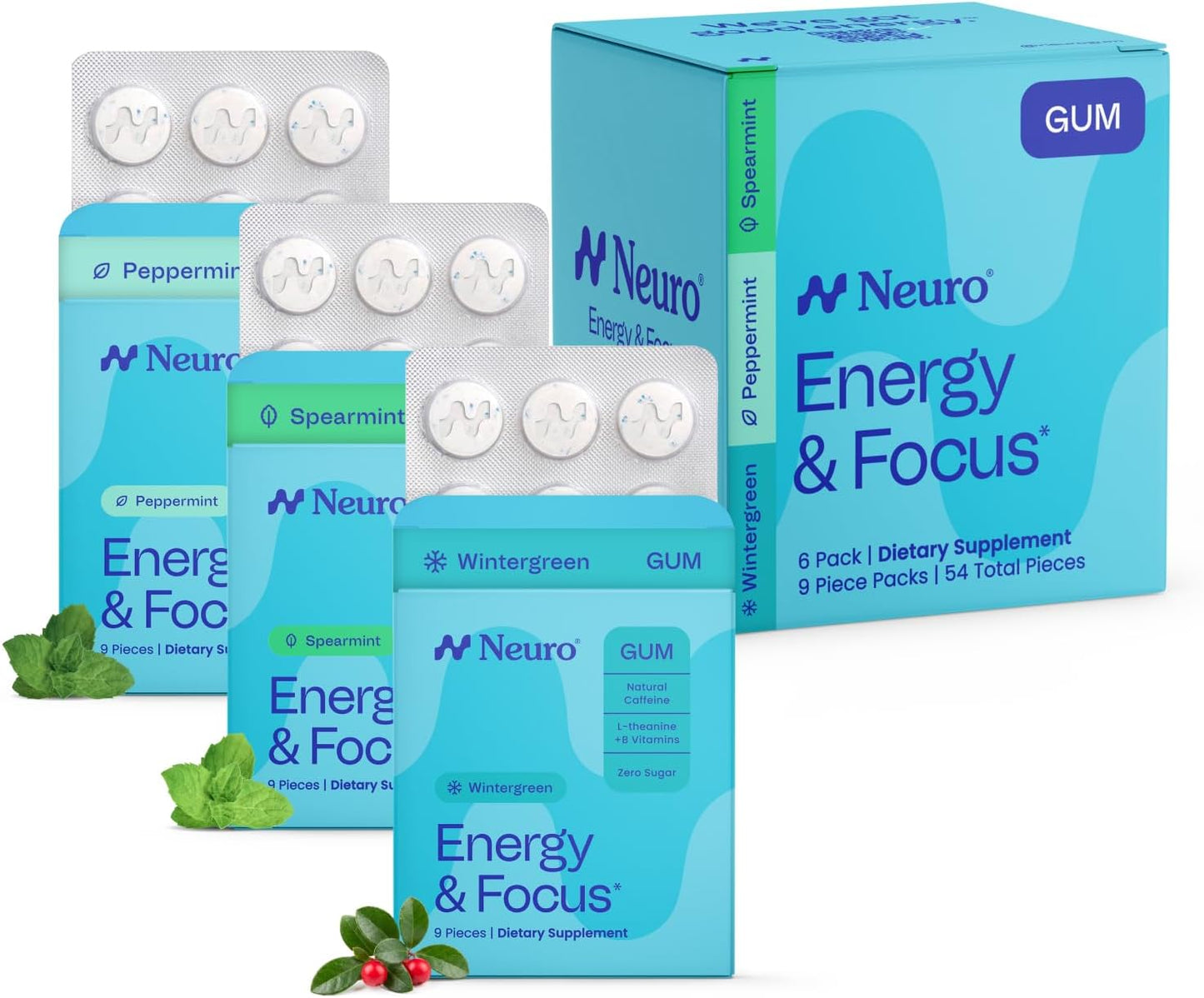 Neuro Variety Pack Gum - Energy & Focus Gum (Peppermint, Spearmint, Wintergreen) - Nootropic Supplement with Natural Caffeine + L-Theanine for Brain Health - Sugar Free, Vegan - 54 ct, 6 Pack