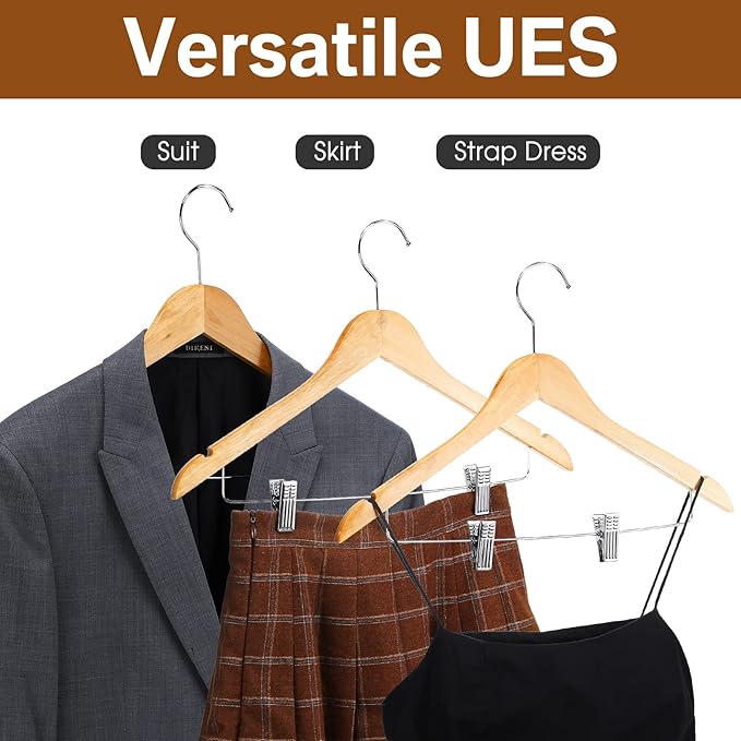 Sieral 30 Pack Wooden Pants Hangers with Clips Solid Wood Skirt Suit Coat Hangers with 2 Adjustable Clips 360 Degree Swivel Hook for Trousers Jeans Slacks Shorts Bottom, 14 Inch(Natural,Classic)