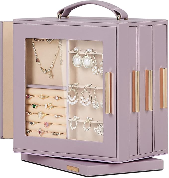 Homde Valentine's Day gifts Jewelry Box 360Â° Rotating, Necklace Earring Organizer with Transparent Window, Mirror, 7 Drawers, Large Ring Display Storage Case for Girls Women (Grey Purple)