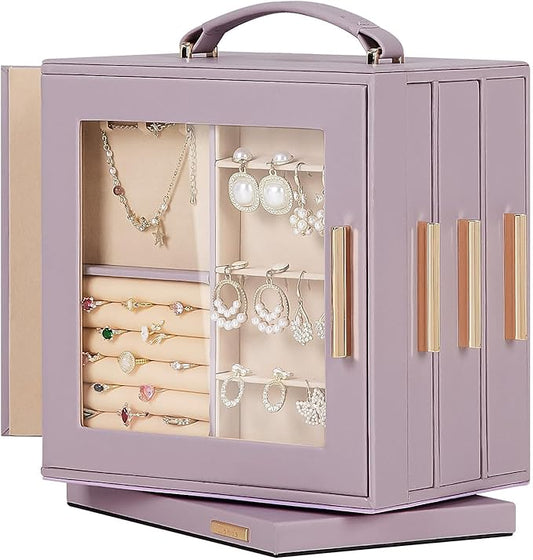 Homde Valentine's Day gifts Jewelry Box 360Â° Rotating, Necklace Earring Organizer with Transparent Window, Mirror, 7 Drawers, Large Ring Display Storage Case for Girls Women (Grey Purple)