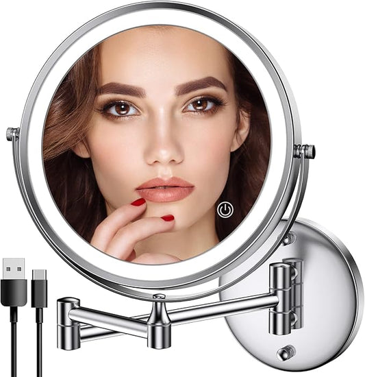 Rocollos Rechargeable Wall Mounted Lighted Makeup Mirror Chrome, 8 Inch Double-Sided LED Vanity Mirror 1X/10X Magnification,3 Color Lights Touch Screen Dimmable 360Â°Swivel 13 Inch Extendable