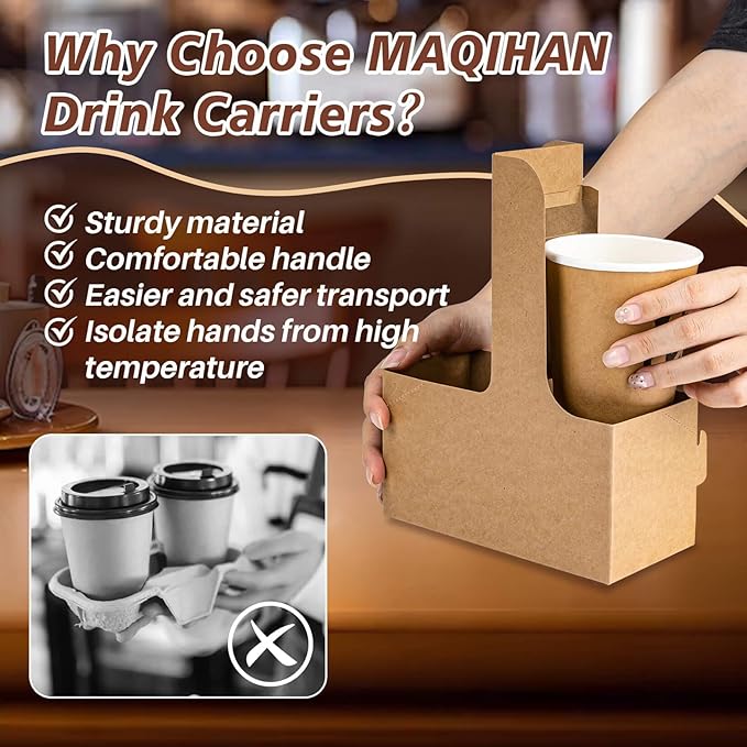 MAQIHAN 2 Cup Drink Carrier with Handle - 12Pcs Disposable Paper Cardboard Coffee Cup Holder Portable Drink Caddy Cup Carriers to go Cup Holder Food Delivery Accessories for Hot/Cold Drinks (Brown)