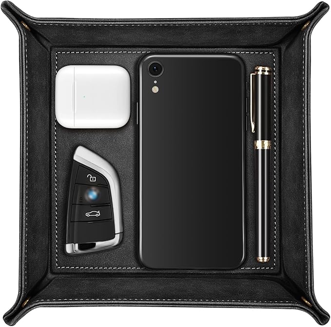 SITHON Valet Tray Desktop Storage Organizer â Premium PU Leather Catchall Bedside Vanity Tray Nightstand Caddy Holder for Remote Controller, Keys, Phone, Wallet, Coin, Jewelry, Black