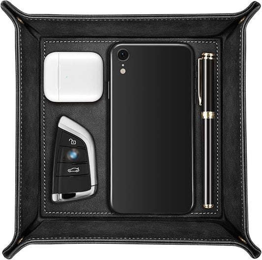 SITHON Valet Tray Desktop Storage Organizer â Premium PU Leather Catchall Bedside Vanity Tray Nightstand Caddy Holder for Remote Controller, Keys, Phone, Wallet, Coin, Jewelry, Black
